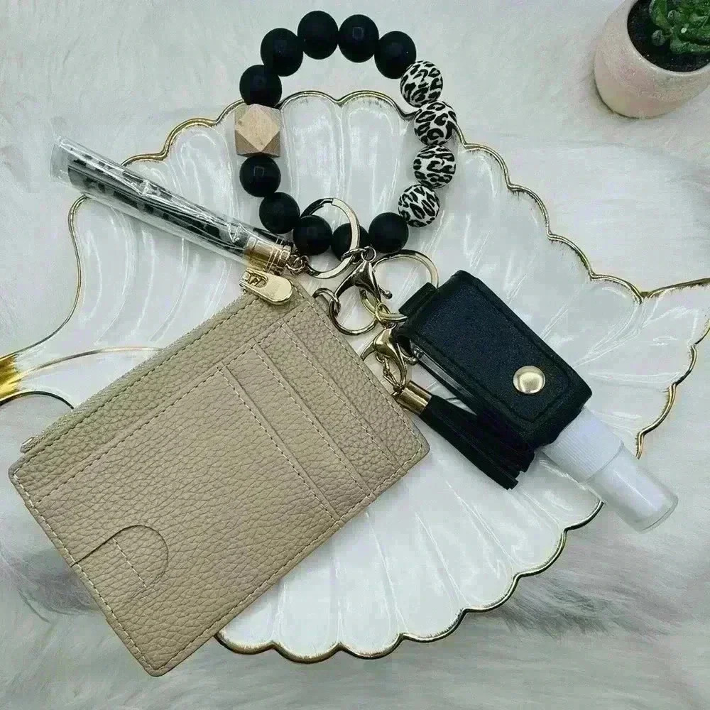 Khaki Card Keychain Wallet wristlet w/ refillable sanitizer bottle